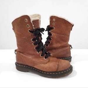 DR MARTENS Brown Leather Aimilita FL Faux Fur Lined 9-Eye Combat Boots